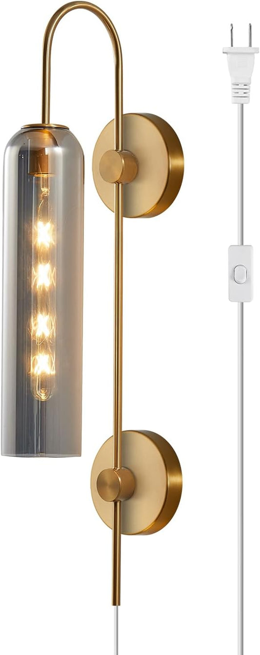 BOKT Mid Century Modern Brass Gold Plug in Wall Light Lamp 1 Light Indoor Smoke Gray Glass Wall Sconce Lighting Single Vintage Wall Mounted Bedroom Lights Plug in Sconces Wall Lighting (Smoke Gray)