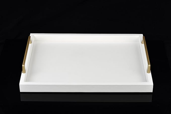 MCBZ Home Decor Rectangular Decorative Tray, Wooden Leather Serving Tray with Gold Hardware Carrying Handles, Suitable for Party Birthday Wedding Family All Occasions 16.5 * 12.6"（Creamy White）