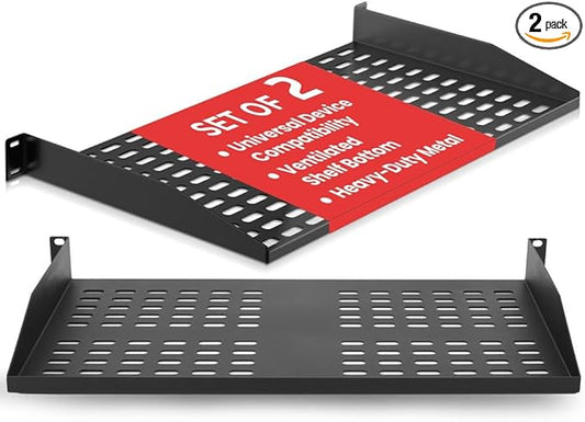 Pyle 2-Pc 1U Server Rack Shelf, Vented Shelves for Good Air Circulation, Cantilever Mount, Wall Mount Rack, Universal Device, Cabinet Shelf, Computer Case Mounting Tray, Black-Pyle PLRSTN14UX2