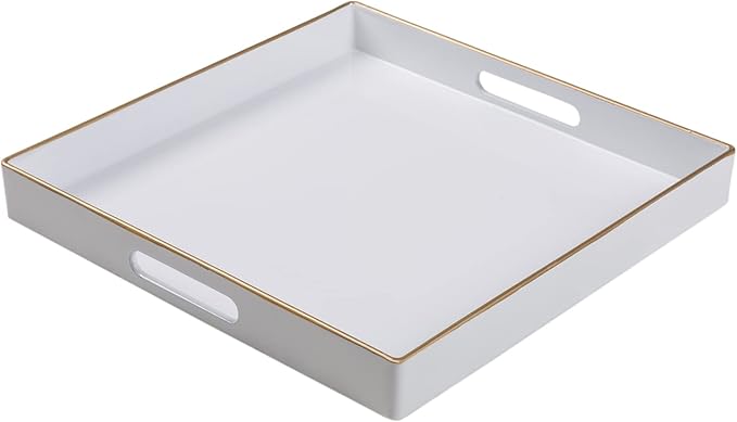 MAONAME 13"x13" Decorative Tray, White Serving Tray with Handles, Coffee Table Trays, Square Plastic Trays for Ottoman, Bathroom, Kitchen