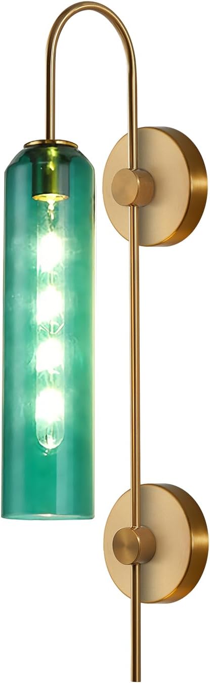 BOKT Modern Gold Wall Sconce Green Glass Hardwired Bedside Wall Light Fixtures Mid Century Long Metal Wall Sconce Single Hardwired Bathroom Bar Wall Lamp (Green)