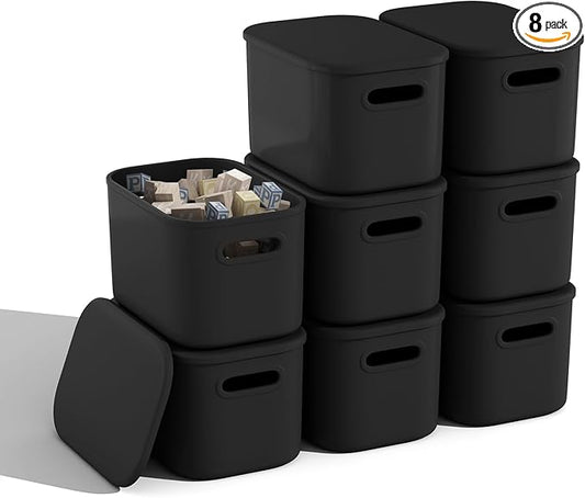 8 Pack Black Storage Bins with Lids for Shelves, Plastic Storage Containers with Lids for Organizing, Stackable Storage Boxes with Handle, Black Storage Bins for Classroom, Craft, Snacks