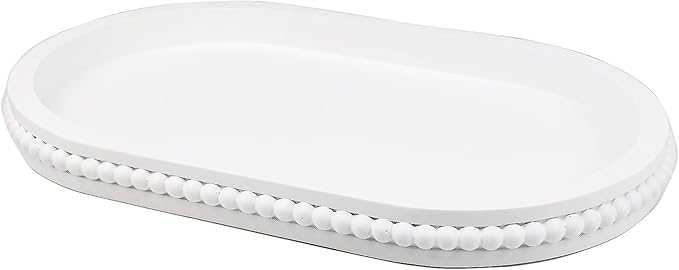 Oval Wood Serving Tray with Wooden Beads, Outdoor Farmhouse Decorative Tray for Ottoman, Coffee Table, Kitchen Counter Organizer, Home Decor(White)