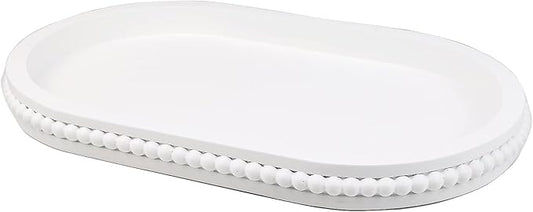 Oval Wood Serving Tray with Wooden Beads, Outdoor Farmhouse Decorative Tray for Ottoman, Coffee Table, Kitchen Counter Organizer, Home Decor(White)