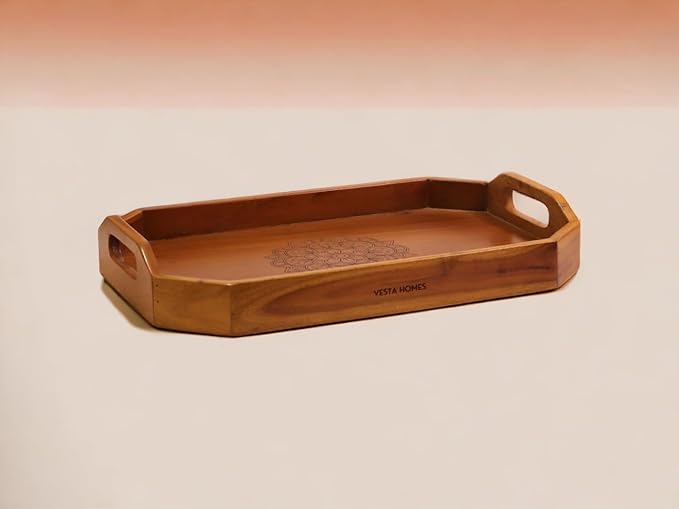 Vesta Homes Extra Large Wooden Serving Tray for Home, Kitchen, Breakfast, Restaurant, Office Organizer, Dining Table | Premium Acacia Wood |18 * 12 * 3 Inches | Handcrafted in India