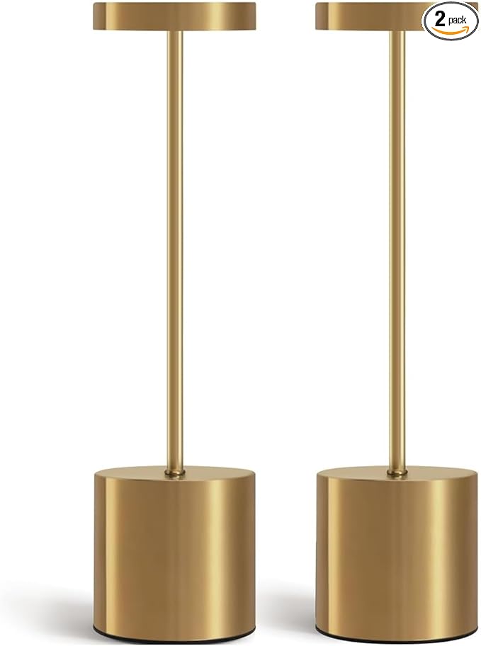 2 Pack LED Cordless Table Lamps, 3 Color Stepless Dimming Battery Powered Lamp, Portable Rechargeable Table Lamp for Dinner/Bars/Patio/Restaurant/Bedroom (Gold)