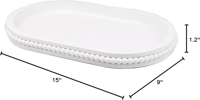 Oval Wood Serving Tray with Wooden Beads, Outdoor Farmhouse Decorative Tray for Ottoman, Coffee Table, Kitchen Counter Organizer, Home Decor(White)