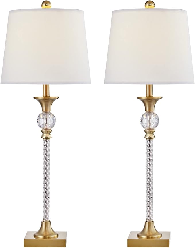 Maxax Crystal Buffet Table Lamps Set of 2, Modern 30” Tall Brass Gold Bedside Nightstand Lamp with White Shade for Living Room Bedroom End Table