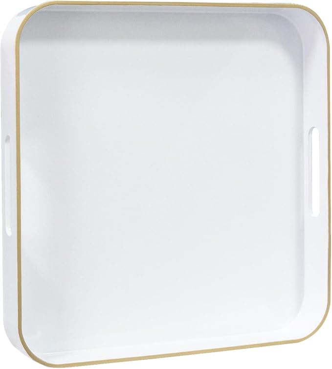 MAONAME 13" White Decorative Tray, Serving Tray with Metal Handles, Square Plastic Trays for Ottoman, Modern Coffee Table Trays for Living Room, Bathroom