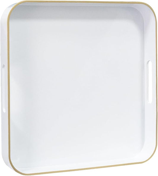 MAONAME 13" White Decorative Tray, Serving Tray with Metal Handles, Square Plastic Trays for Ottoman, Modern Coffee Table Trays for Living Room, Bathroom