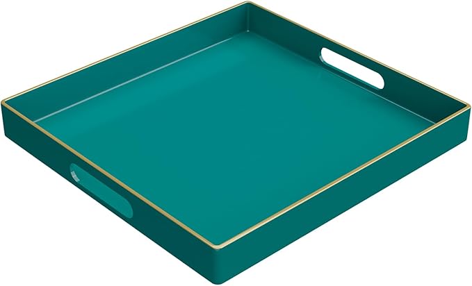MAONAME Decorative Tray, Green Serving Tray with Handles, Coffee Table Tray, Square Plastic Tray for Ottoman, Bathroom, Kitchen, 13"x13"x1.57"