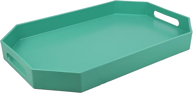 Green Octagonal Serving Tray with Handles for Coffee Table, Plastic Decorative Tray for Ottoman, Kitchen Counter, Living Room, Outdoor Lacquer Tray for Entertaining