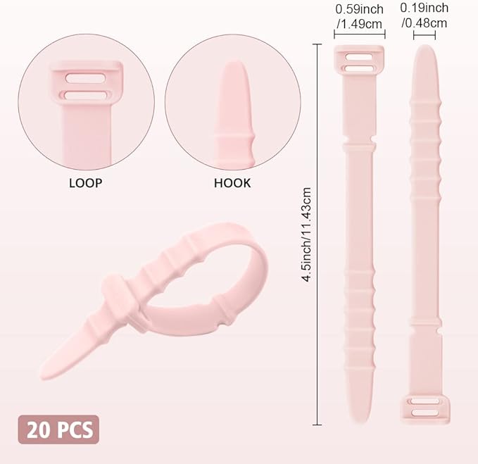 Silicone Zip Ties,Reusable Zip Ties,Everyday Essentials,Travel Must Haves,20pcs Rubber Cable Ties Straps,Elastic Fastening Cord Ties, Cord Organizer for Camping, Pink Cable Straps 4.5inch