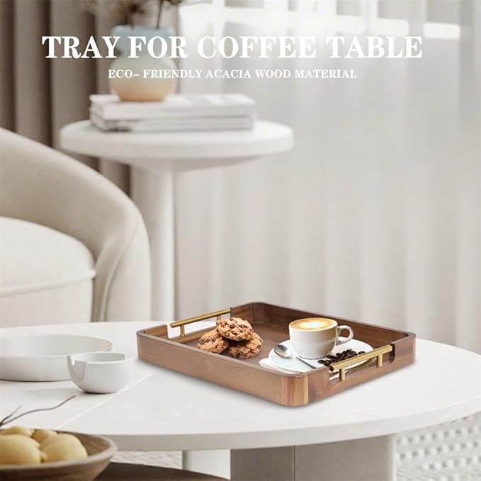 Acacia Wood Serving Tray with Handles, 17x13 Inch Ottoman Tray for Coffee Table,Candle Display,Breakfast in Bed, Large Wooden Decorative Tray with Non-Slip Pads, for Kitchen, Dining, Home Decor