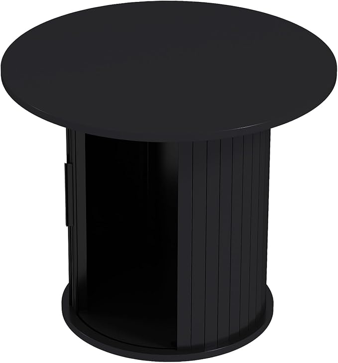 Round Wood Coffee Table 23.6IN with Hidden Storage & Sliding Door, Circle Farmhouse Side Table Sets for Living Room, Bedroom, Balcony, Small Spaces, Black