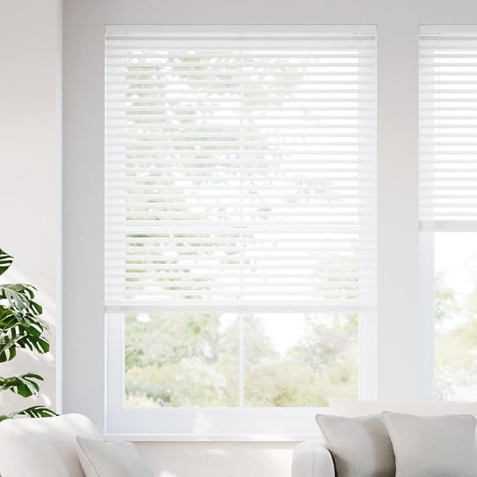 SelectBlinds 2” SWave Cordless Faux Wood Blinds – Maximum Light Control – Any Size 22-72” W x 36-72” H, No Tilt Wand, Inside or Outside Mount (White)