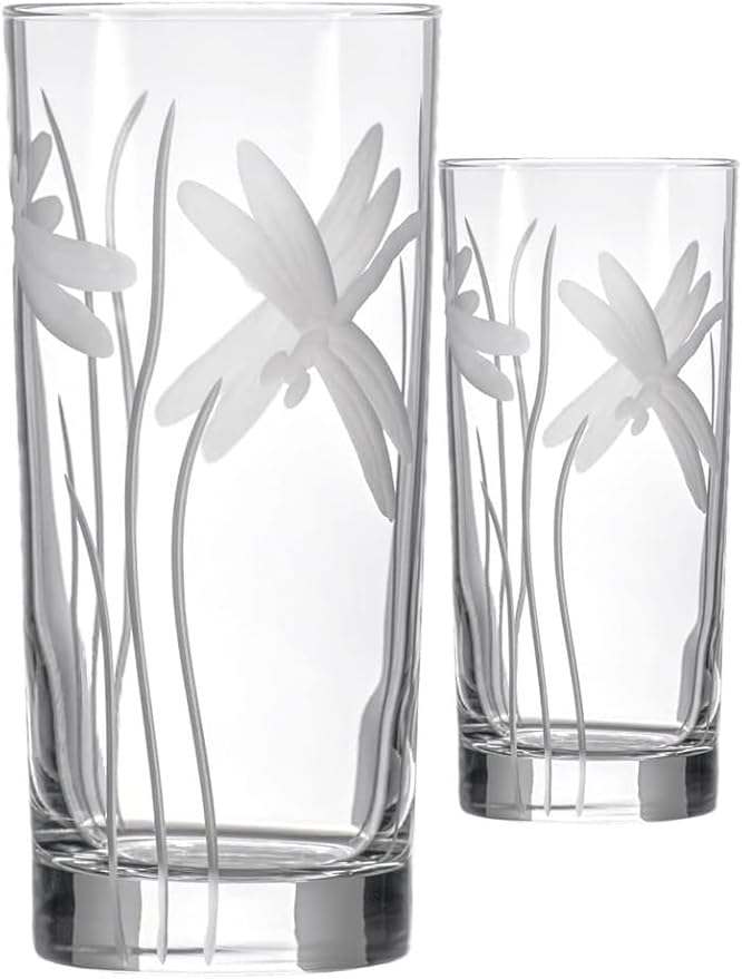 Rolf Glass Dragonfly Highball Glass 15 ounce - Set of 2 Cooler Glasses – Lead-Free Glass - Etched Drinking Glass with Heavy Base - Made in the USA