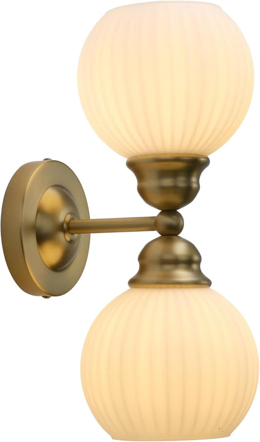 Pathson 2-Light Milk White Wall Sconces Striped Glass, Modern Bathroom Sconces Wall Vanity Light Fixtures Brass Finish, Vintage Wall Sconce Lamp for Mirror Living Room Bedroom Farmhouse Lighting