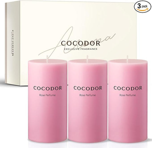 COCODOR Scented Pillar Candles, 3x6 Inch, Rose Perfume, Candle Set of 3, Long Buring 85 Hours, Candles for Weddings, Party, Dinner, Home Decor.