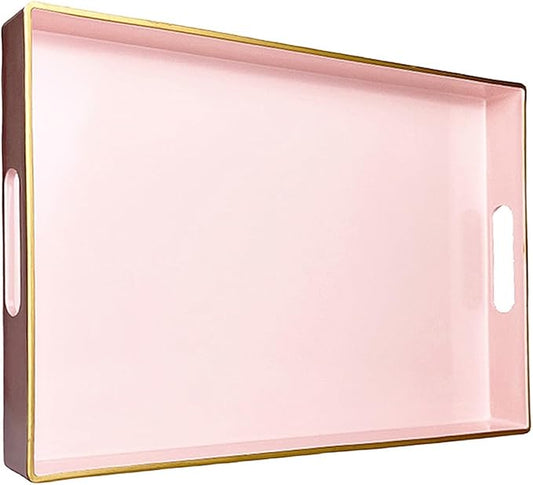 Pink Serving Tray with Handles, Rectangular Decorative Tray for Coffee Table, Plastic Ottoman Tray for Living Room, Bathroom, Kitchen Tabletop, 15.6”x 10.2”x1.37”