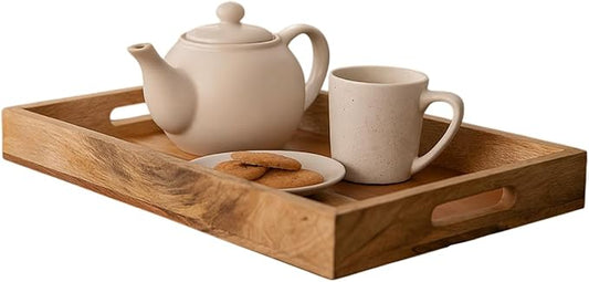 Mela Artisans Wooden Serving Tray with Handles | 15x10x1.75 inch | Mango Wood Decorative Tray | Ottoman Tray | Snacks | Desserts | Breads | Coffee Table | Bedroom | Rectangular Edge Design