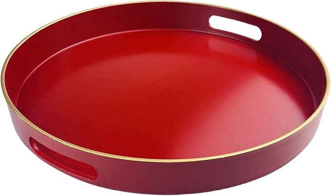Red Decorative Tray, Serving Tray with Handles, Round Decorative Tray for Coffee Table, 13 Inch Plastic Tray for Ottoman, Living Room, Bathroom, Home Decor.