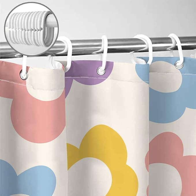 Sanzugh Cute Pastel Flower Shower Curtain, Boho Retro Floral 70S Aesthetic Fabric Shower Curtains Set for Girls Kids Bathroom Groovy Pink Floral Funky Decoration with Hooks 72 X 72 Inch Bath Decor