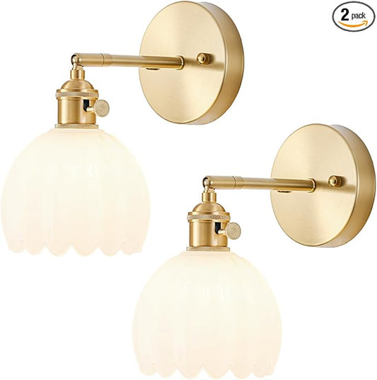 Wall Sconces Set of Two Hardwired, Vintage Sconce Light with Tulip Milk White Glass Lampshade, Bathroom Wall Lights with Switch, Gold Wall Light Sconces Wall Decor Set of 2