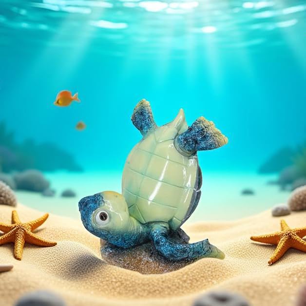 Resin Sea Turtle Table Decor - 4-Inch Baby Turtle Figurine for Desk & Tabletop, Cute Ocean-Themed Decoration, Feng Shui Lucky Charm Statue (Blue)