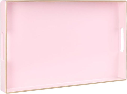 MAONAME Pink Serving Tray with Handles, Modern Decorative Tray for Coffee Table, Plastic Rectangular Tray for Ottoman, Bathroom, Decor, 15.8” x 10.2” x1.4