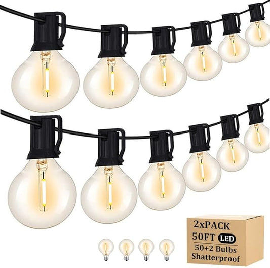 100FT Outdoor String Lights with 102 Shatterproof G40 LED Clear Globe Bulbs for Indoor/Outdoor, 2-Pack 50FT Connectable Hanging Lights for Party Decor
