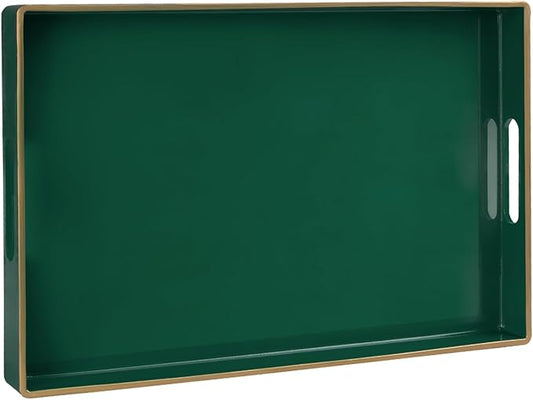 MAONAME Dark Green Decorative Tray, Serving Tray with Handles, Plastic Trays for Coffee Table, Rectangular Trays for Living Room, Bedroom, 15.8" X 10.2" X 1.4"