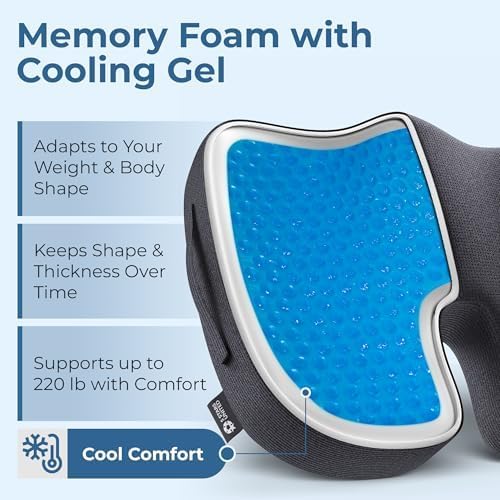 5 STARS UNITED Seat Cushion for Tailbone Pain Relief – Memory Foam Cushion for Coccyx, Hemorrhoid, Sciatica & Post-Surgery Recovery – Wheelchair, Car, Desk, Gaming & Office Chairs, Arctic Black