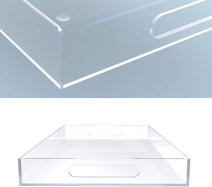 Clear Acrylic Serving Tray for Vanity, Bathroom, Outdoor, Food and Décor with Handles (Rectangle, Small)