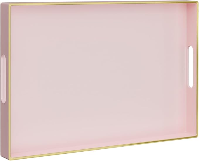 MAONAME Pink Serving Tray with Handles, Rectangular Decorative Tray, Modern Coffee Table Trays, Plastic Ottoman Trays for Bathroom, Decor, 15.7” x 11.8” x 1.57"