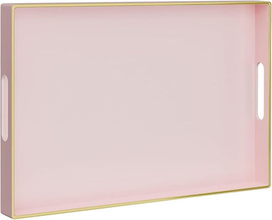 MAONAME Pink Serving Tray with Handles, Rectangular Decorative Tray, Modern Coffee Table Trays, Plastic Ottoman Trays for Bathroom, Decor, 15.7” x 11.8” x 1.57"