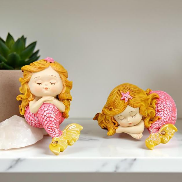 Mini Mermaid Figurine Set (2-Pack) - 4-Inch Sleeping Baby Mermaid Statue, Cute Tailed Mermaid Princess Decor for Fish Tank, Shelf & Home Décor