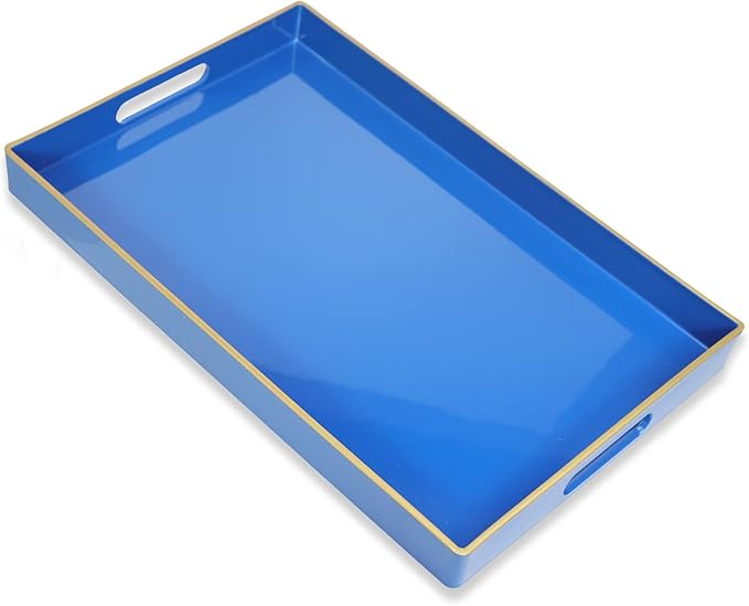 Blue Decorative Coffee Table Tray, Rectangular Plastic Serving Tray with Handles for Living Room, Ottoman, Bathroom, 15.7"*10.2"