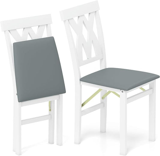 GOFLAME Folding Dining Chairs Set of 2, Foldable Kitchen Chairs with PVC Leather Padded Seat and Rubber Wood Frame, Elegant Hollowed Backrest, Wooden Dinner Chair Set for Dining Room, White