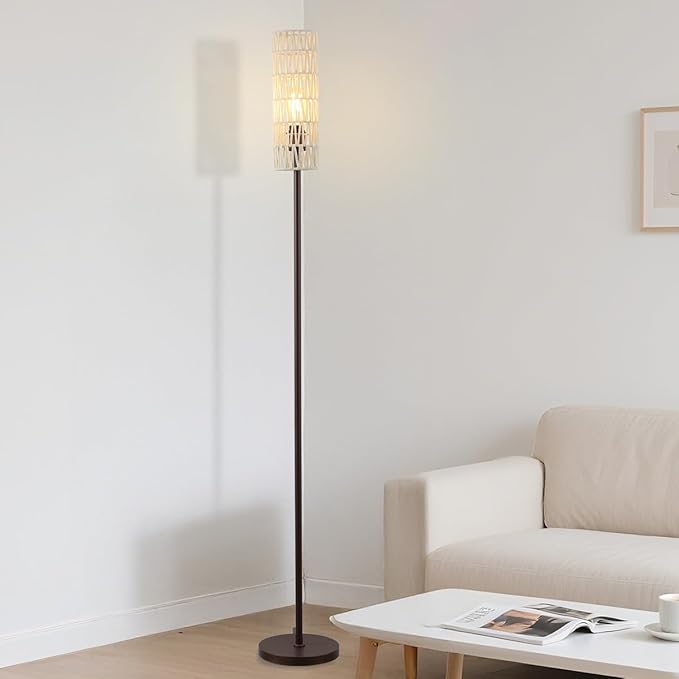 Floor Lamp for Living Room,Farmhouse Rattan Floor lamp,Modern Standing lamp with Hand-Worked Rattan Shade,Black Tall Lamp with Foot Switch，LED Bulb Included Brown