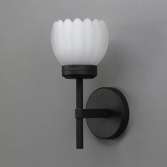 Yosoan Brass Boho Indoor Vintage Wall Sconce Set of 2, Modern Vanity Finished Industrial Hardwired Wall Mounted with Milk Transparent Tulip Flower Shade for Living Room Bedroom Kitchen Hallway(Black)
