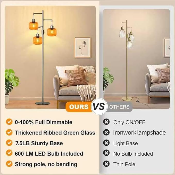 Dimmable Glass Floor Lamp for Living Room,3 Lights Standing Lamp for Living Room, Modern Standing Tree Lamp with Orange Glass Shade, 69In Tall Lamp for Bedroom Office, 3×600 LM LED Bulbs Included