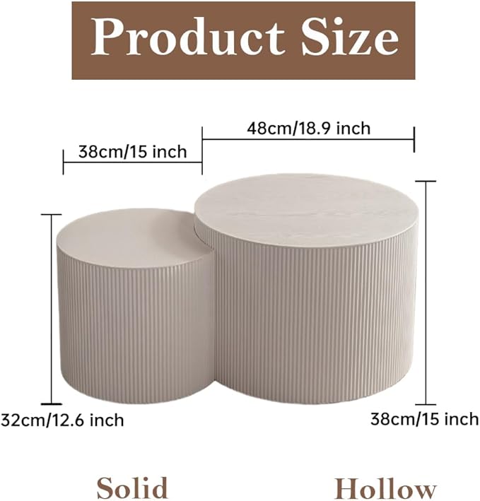 Round Nesting Coffee Table Set of 2 Modern White Fluted Coffee Table Small Round End Table Crescent Side Table Circular Coffee Tables Nested Coffee Tables for Living Room (Cream Small)