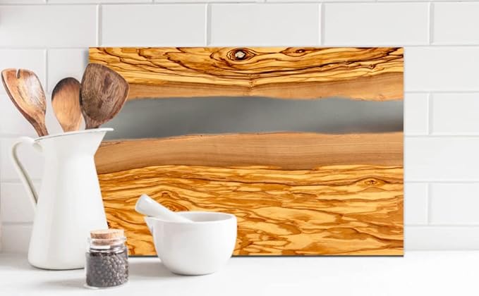 Handcrafted Italian Olive Wood Cheese & Charcuterie Board Set with Unique Gray Resin Artwork - Cutting Board Comes with 4 Cheese Knives, 2 Dipping Bowls & Corkscrew Wine Opener (Gray)