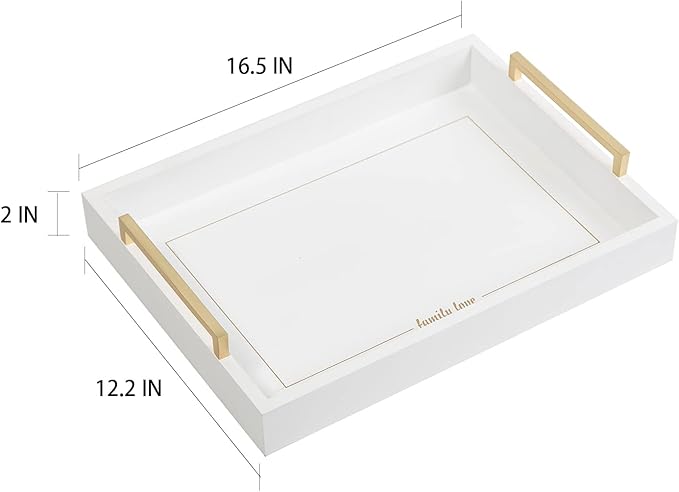 Decorative Coffee Table Ottoman Trays Modern Wood Elegant 16"x12" Rectangle Glossy Shagreen Serving Trays with Champagne Gold Handles -Drinks, Liquor Serving Platter for All Occasion's(White)