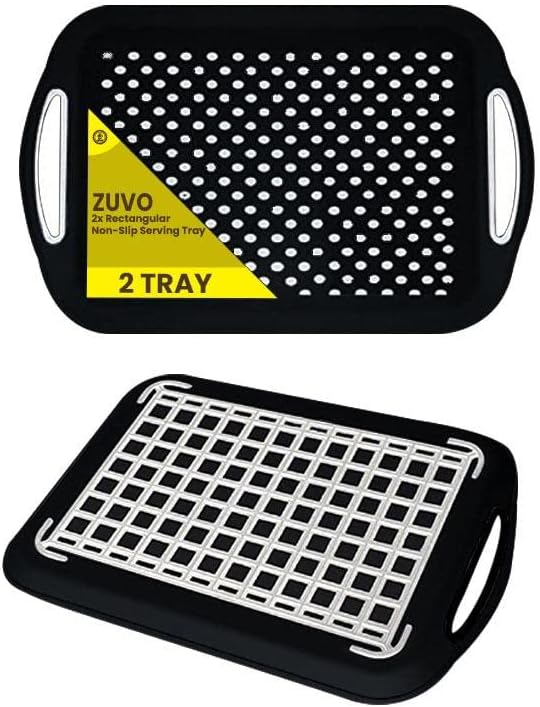 Zuvo Anti-Slip Food Serving Tray with Handles (Set of 2) – BPA-Free Plastic, Lightweight & Durable – Non-Slip Couch Trays for Eating & Drinks (Black)