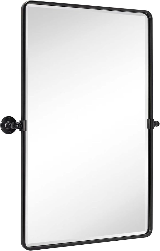 TEHOME Oil Rubbed Bronze Pivot Rectangle Mirrror Farmhouse Tiltable Rounded Metal Framed Pivoting Bathroom Mirror with Beveled Mirrror, Overall 26.91 x 35 inches (Mirrror 23 x 35 inches)