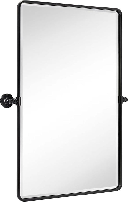 TEHOME Oil Rubbed Bronze Pivot Rectangle Mirrror Farmhouse Tiltable Rounded Metal Framed Pivoting Bathroom Mirror with Beveled Mirrror, Overall 26.91 x 35 inches (Mirrror 23 x 35 inches)