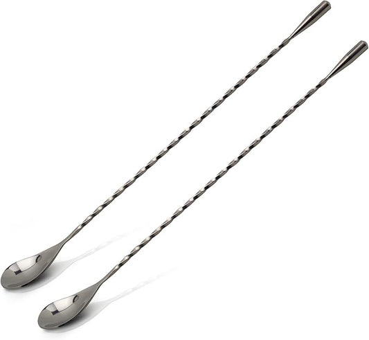Bar Spoon: 12.5” Stainless Steel Cocktail Mixing Spoon, Long Handle Spiral Design with Weighted Teardrop End (Set of 2)