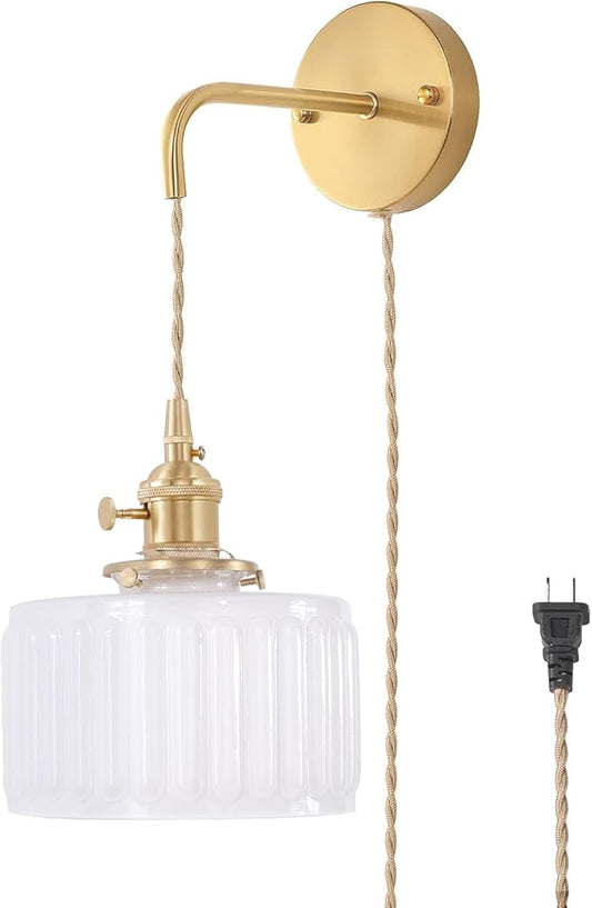 Vintage Wall Sconce with White Striped Glass Shade Hanging Wall Sconce with 4.9FT Plug in Cord, Modern Wall Lamp Fixtures Decor for Bedside Bedroom Indoor Doorway